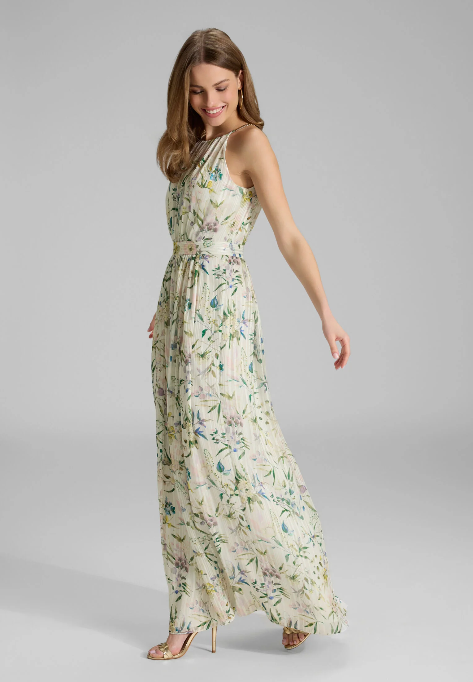 Abendkleid aus bedrucktem Chiffon mit Glitzerstreifen und Zierträgern - Image 5