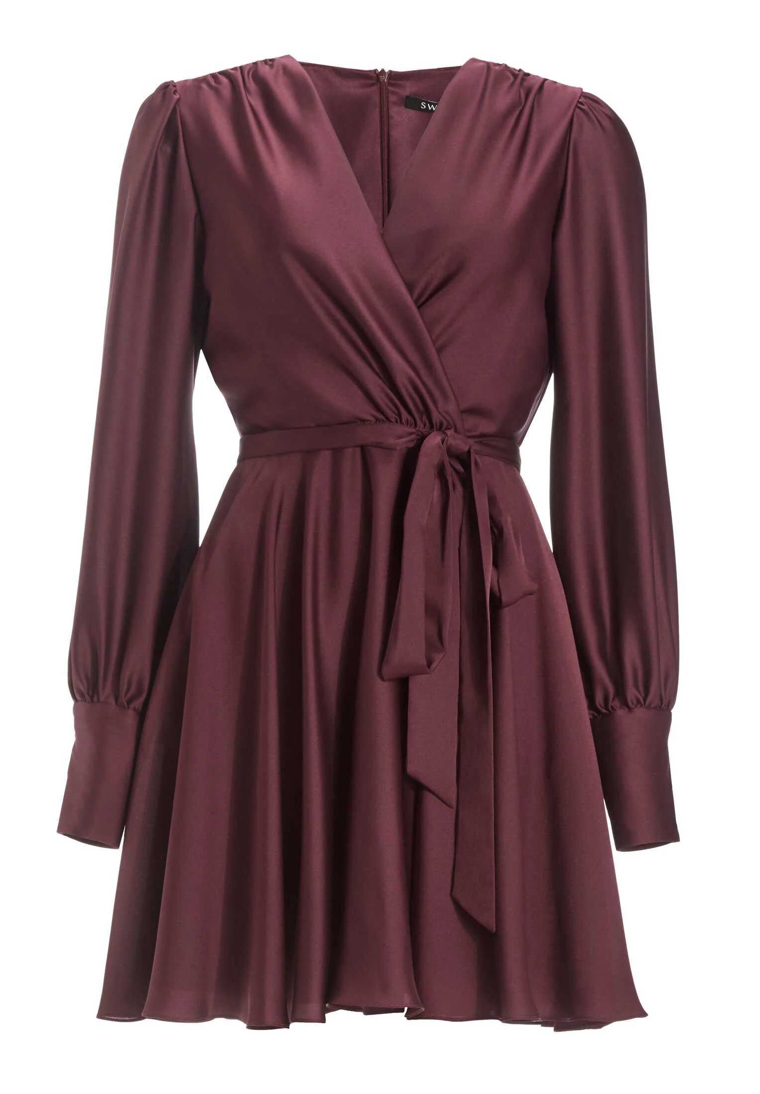 Cocktailkleid aus Satin mit breiten Manschetten, Wickel Oberteil und Tellerrock - Image 12