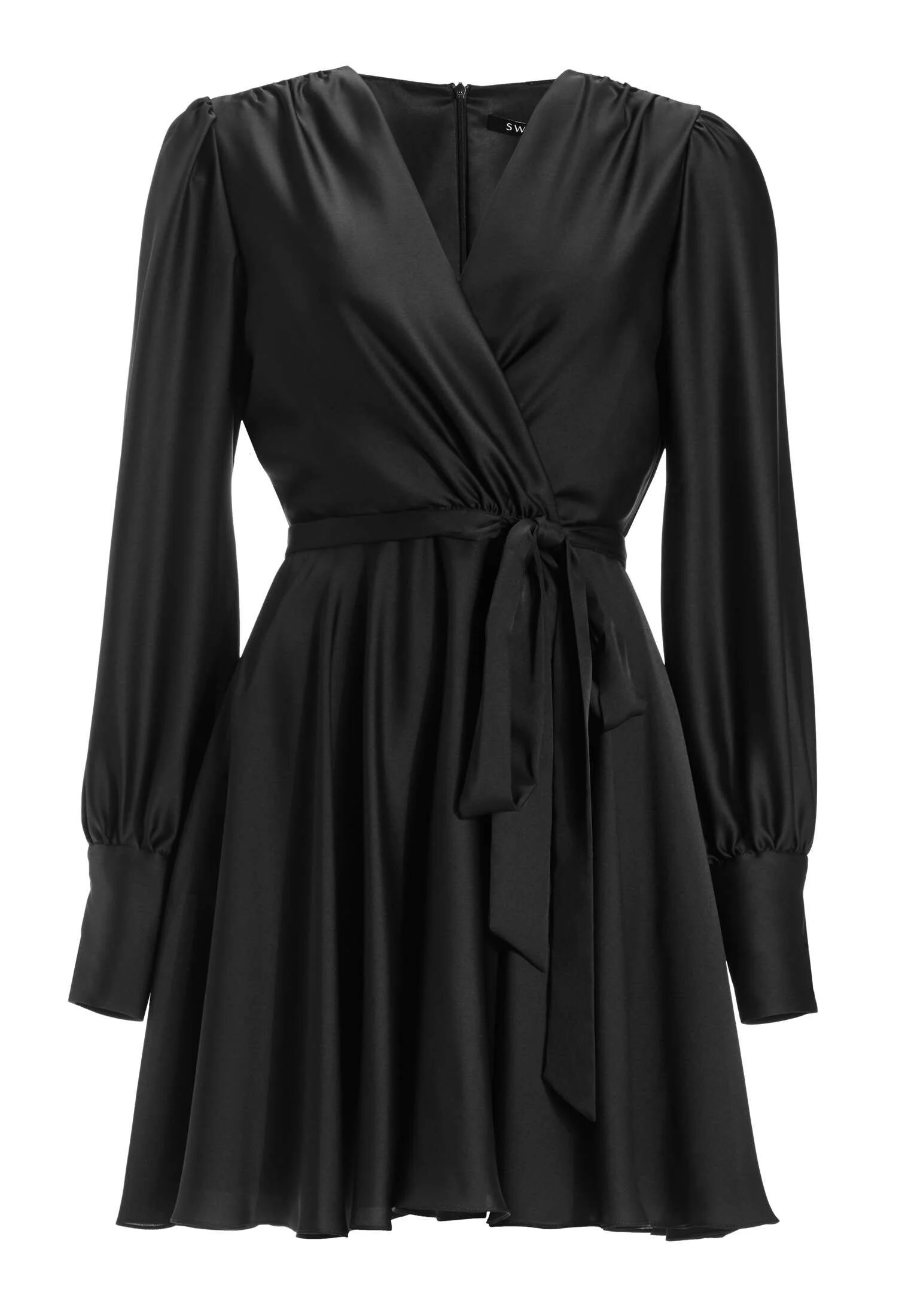 Cocktailkleid aus Satin mit breiten Manschetten, Wickel Oberteil und Tellerrock - Image 6