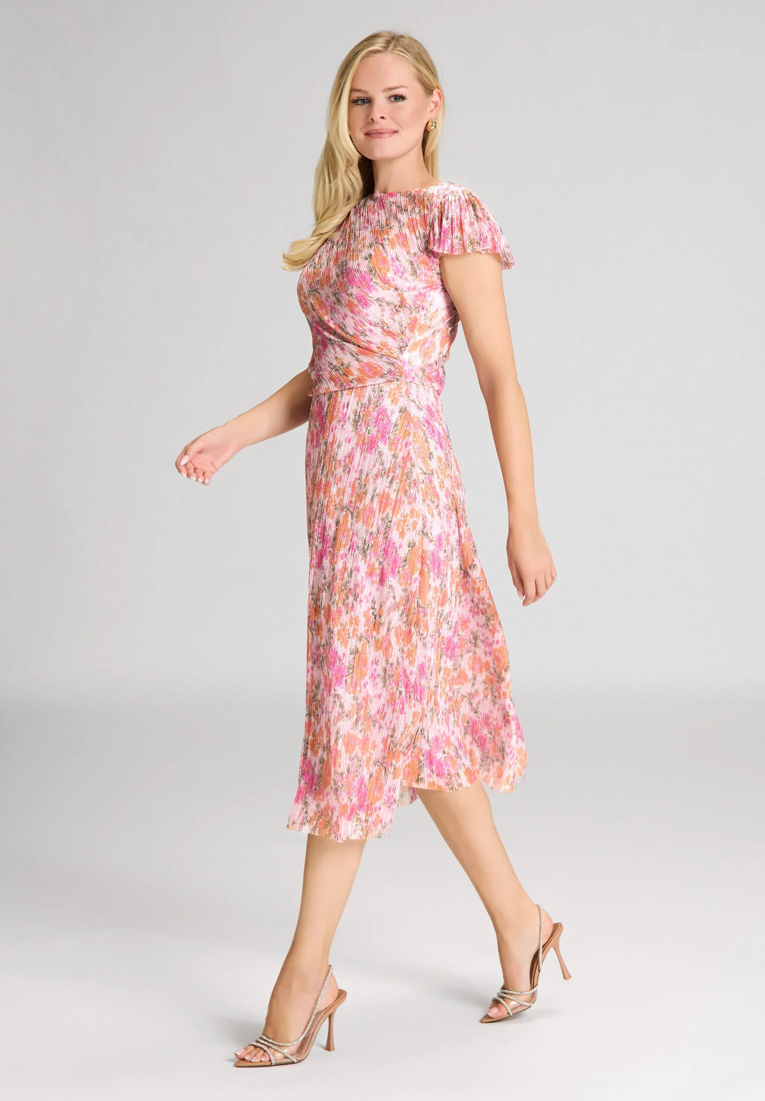 Midi Kleid aus bedrucktem Plissee Jersey mit kurzen Ärmeln - Image 5